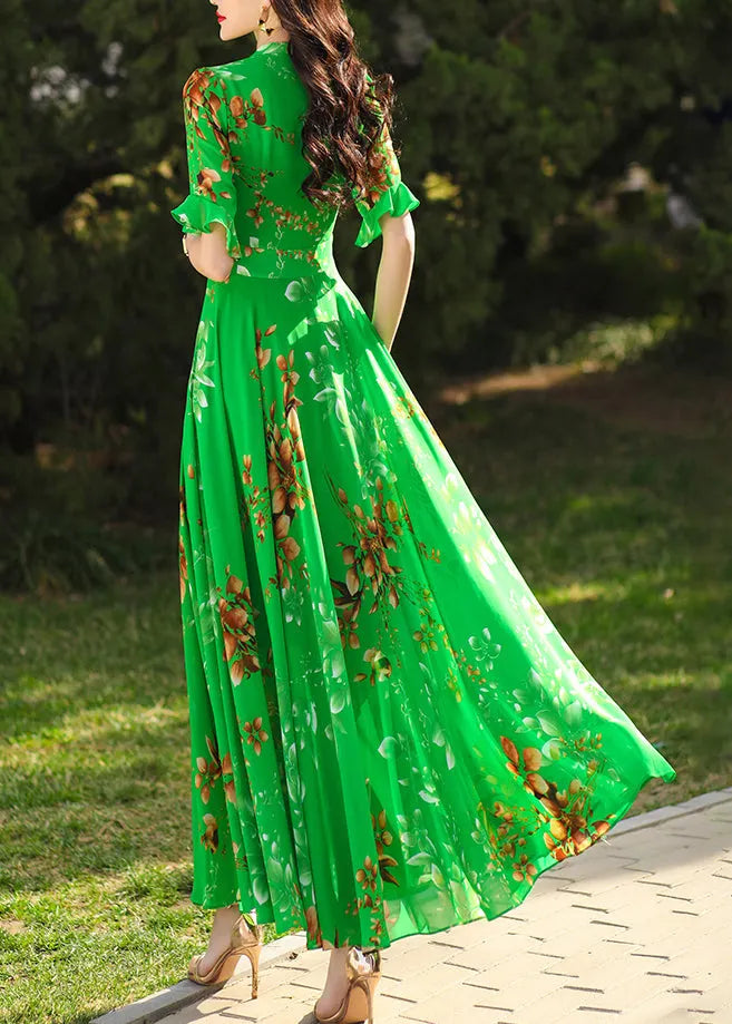 Green Ruffled Print Chiffon Maxi Dresses Summer