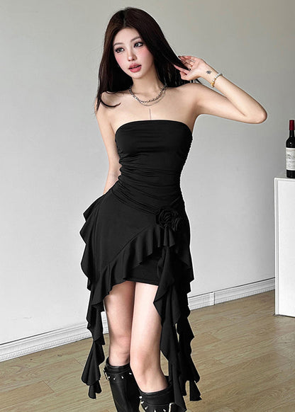 White Asymmetrical Ruffled Strapless Mid Dress Sleeveless