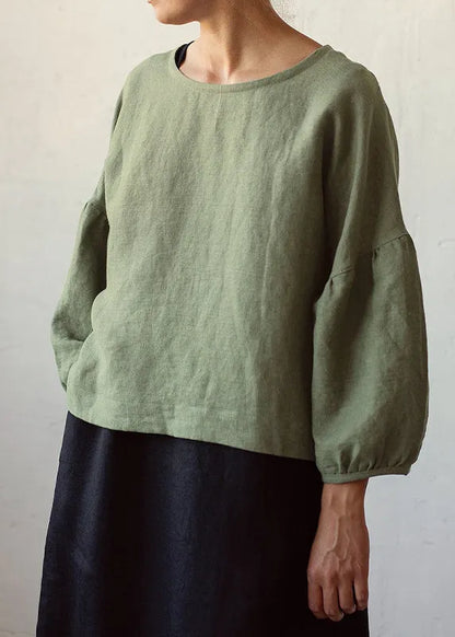 White O Neck Linen Shirt Tops Lantern Sleeve