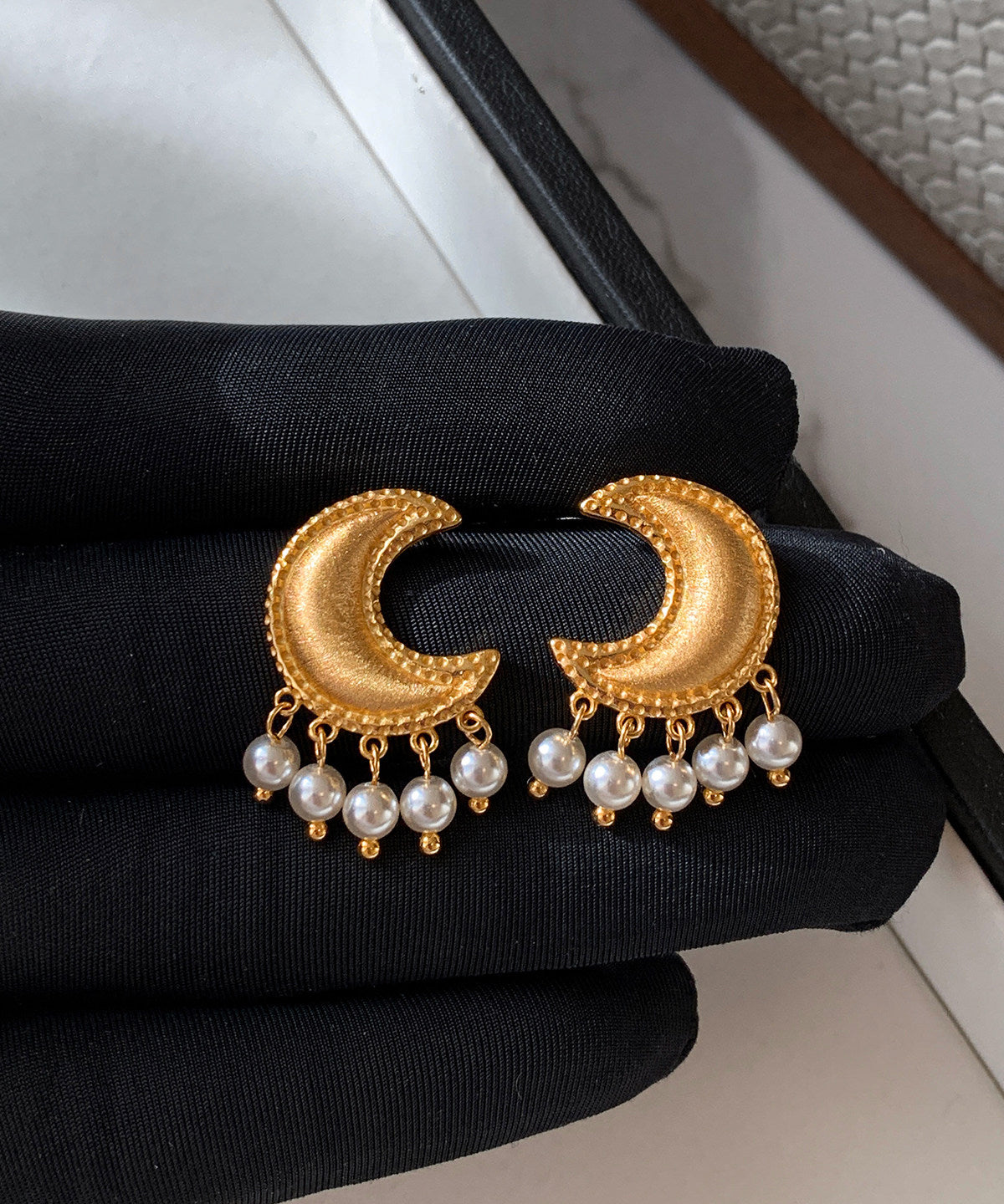 Golden Moon Tasseled Pearl Drop Earrings