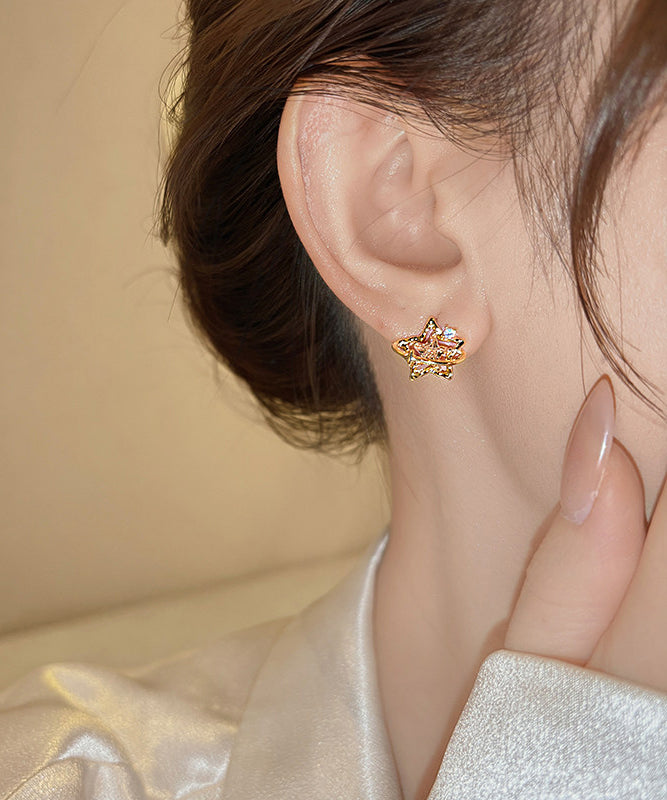 Modern Gold Copper Overgild Zircon Hollow Out Star Stud Earrings