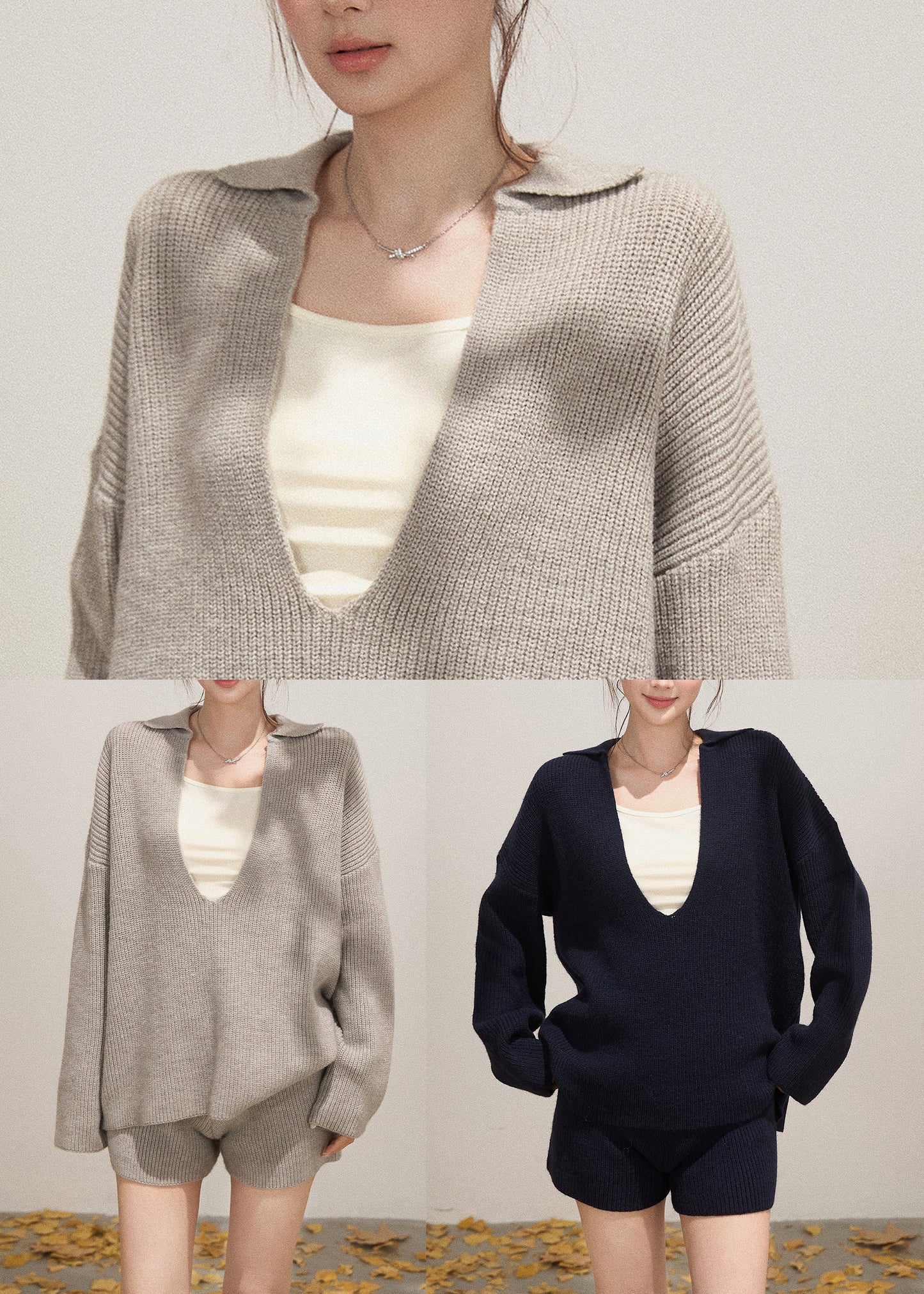 Navy Deep-v Neck Knit Two-piece Set Fall