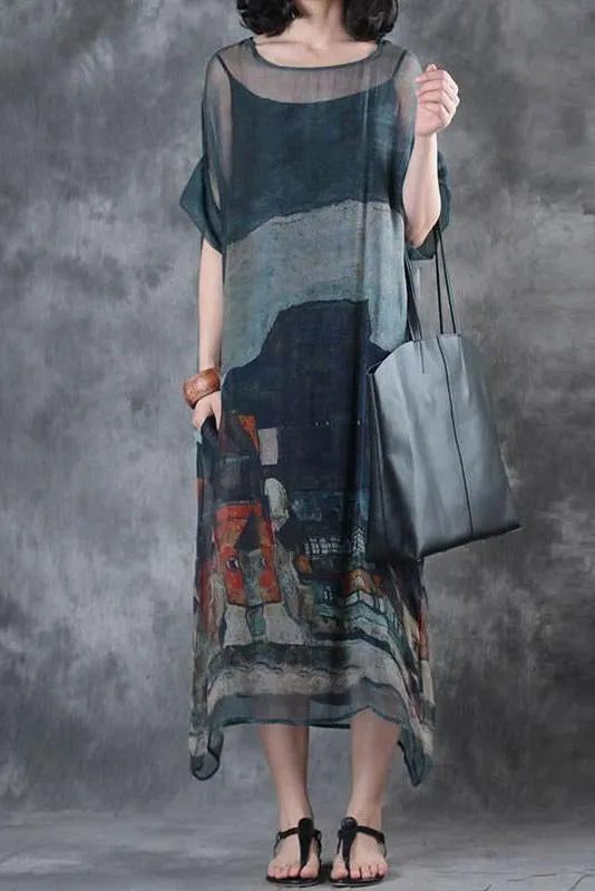 Limited Stock- Summer Short Sleeves Loose Prints Dress(two Pieces)
