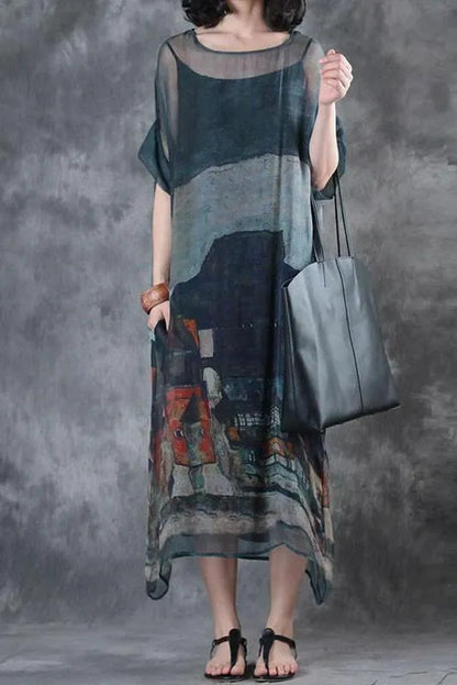 Limited Stock- Summer Short Sleeves Loose Prints Dress(two Pieces)