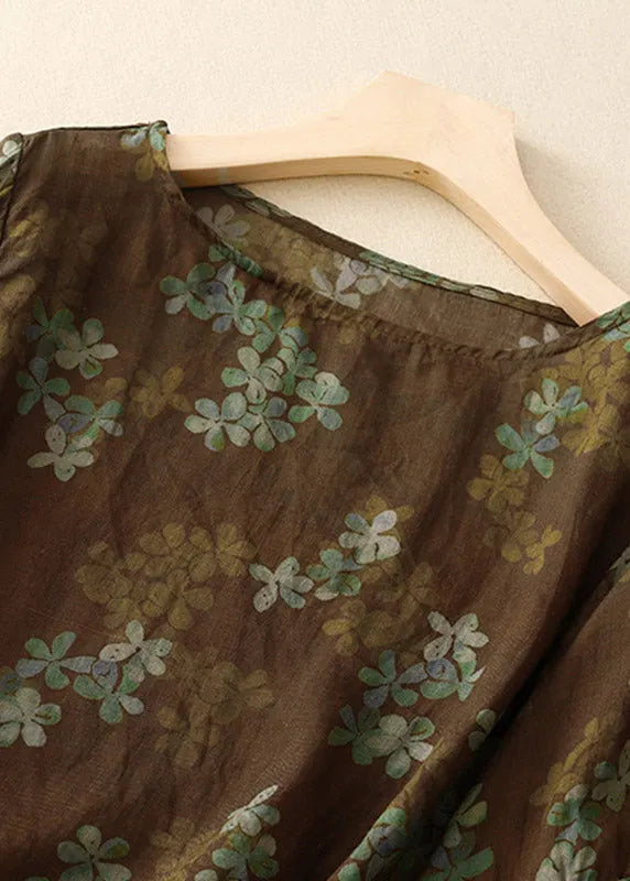 Handmade Coffee O-neck Print Top Lantern Sleeve