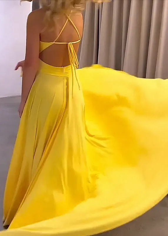 Style Yellow Backless Side Open Cotton Spaghetti Strap Dress Summer