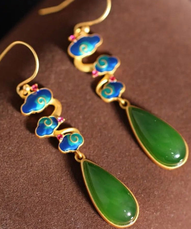 Green Sterling Silver Water Drop Hetian Jade Drop Earrings