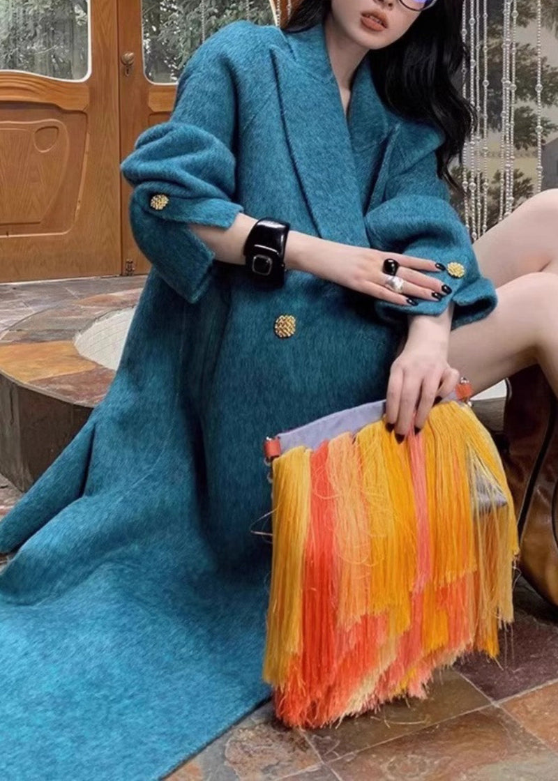 Blue Notched Button Woolen Maxi Coats Winter