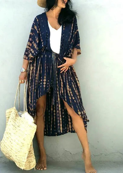 Blue Print Low High Design Kimono Robe Cotton Long Loose Cardigans