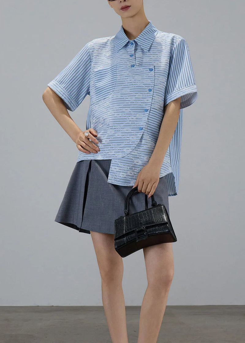 Blue Asymmetrical Design Striped Cotton Blouses Summer