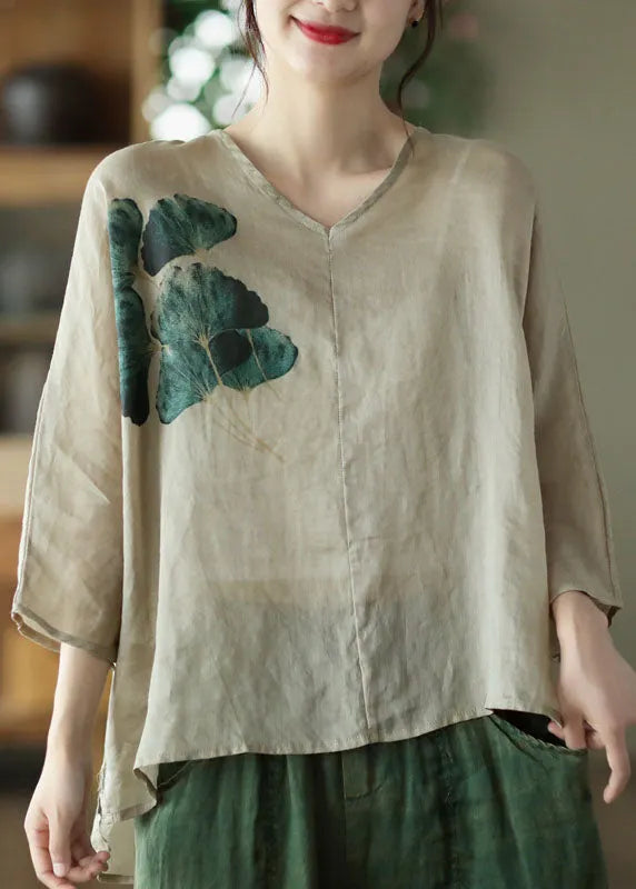 Khaki Patchwork Linen Loose Blouse Tops Print Batwing Sleeve