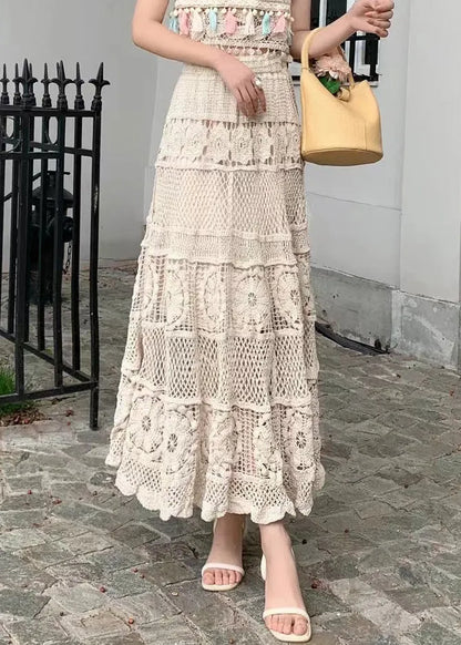 Loose Apricot Hollow Out Elastic Waist Skirts Summer