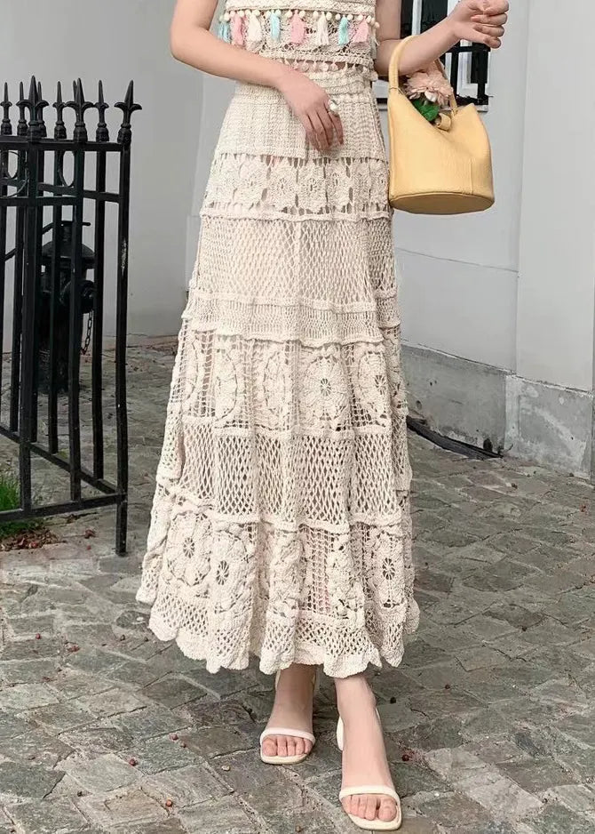 Loose Apricot Hollow Out Elastic Waist Skirts Summer
