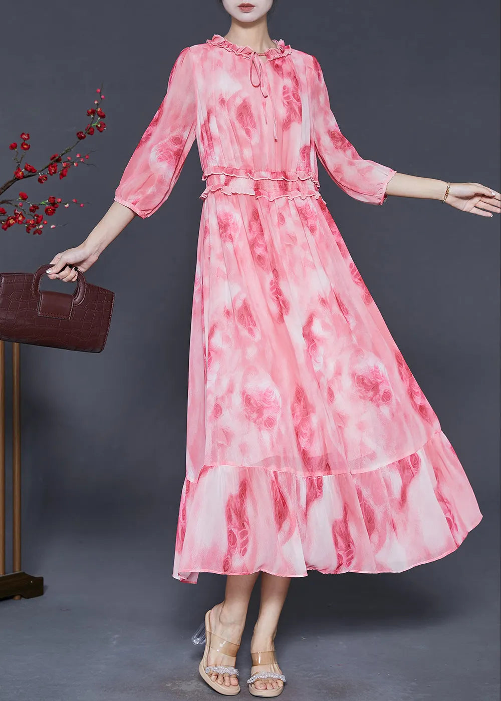 Pink Ruffled Print Chiffon Vacation Dress Summer