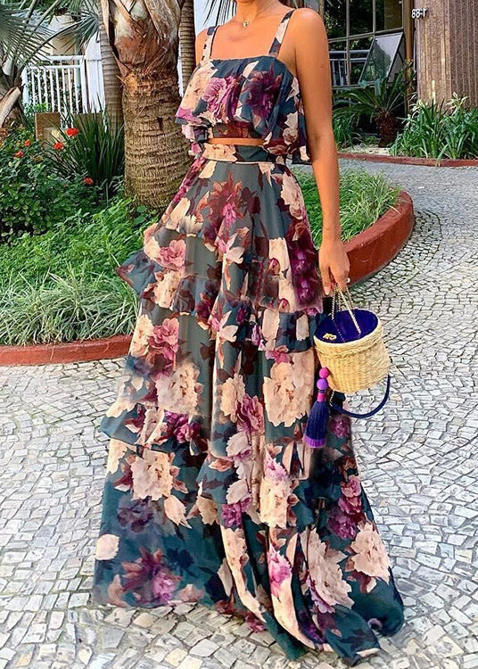 New Photo Color Print Tank and Skirts Two Pieces Set Sleeveless