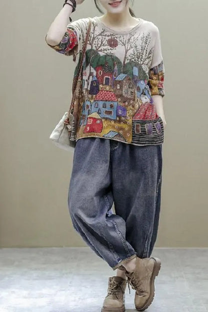 Split Hem Printed Half Sleeve Knitted T-shirt