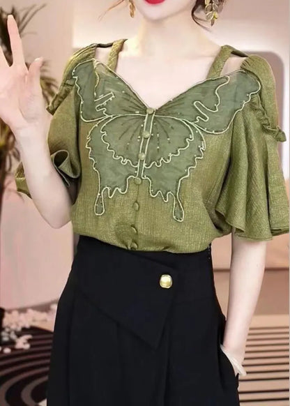 Green V Neck Ruffled Patchwork Hollow Out Shirt Summer