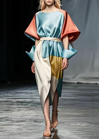Sky Blue Tie Waist Patchwork Side Open Silk Dresses Puff Sleeve