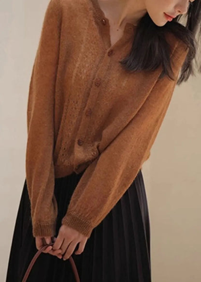 Loose Caramel Button Hollow Out Knit Sweater Spring