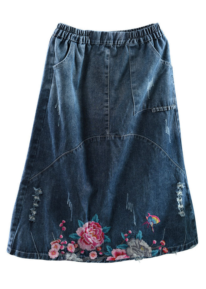 Diy Blue High Waist Embroidered Patchwork Cotton Denim Skirts Summer