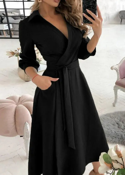 Classy Apricot V Neck Tie Waist Cotton Dress Long Sleeve