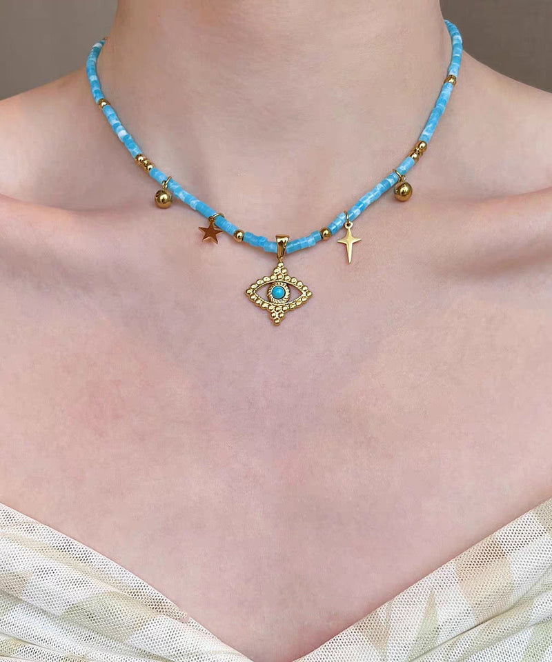Blue Stainless Steel Crystal Butterfly Beading Pendant Necklace Three-piece Set