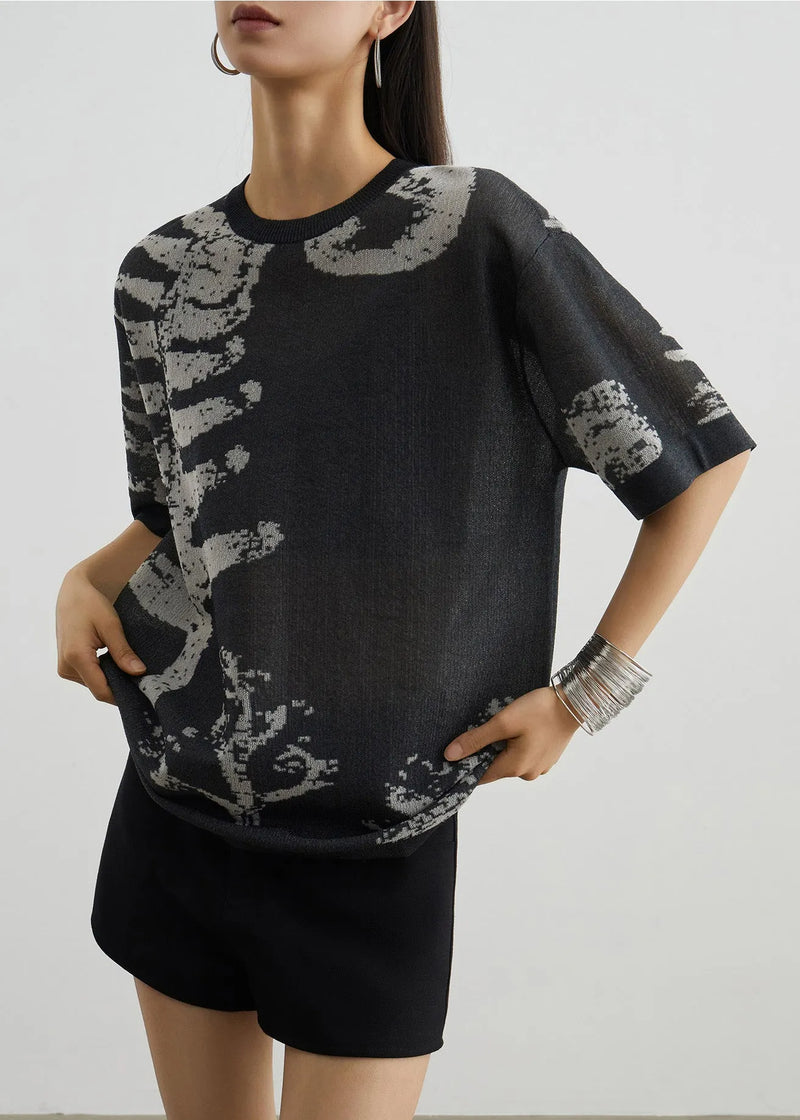 New Grey O Neck Print Cozy Knit T Shirt Summer