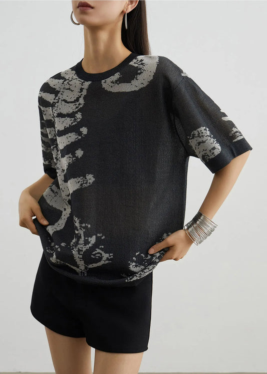 New Grey O Neck Print Cozy Knit T Shirt Summer