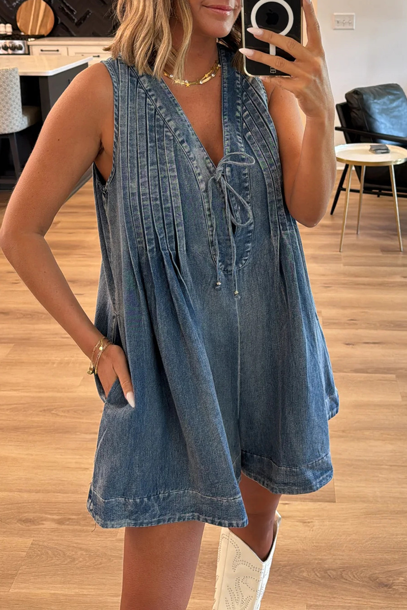 Street Color Pocket Lace Up V Neck Sleeveless Loose Denim Jumpsuits