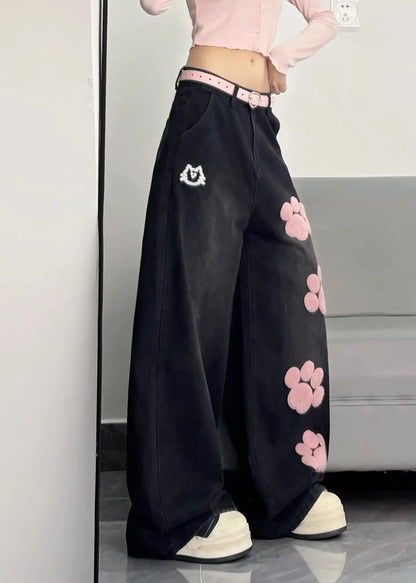 Art Black Oversized Patchwork Applique Warm Fleece Denim Pants Winter