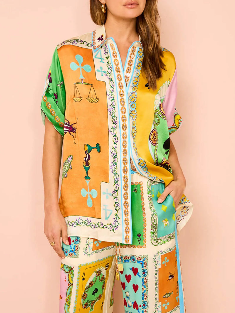 Summer Unique Funny Print Button Down Oversized Blouse