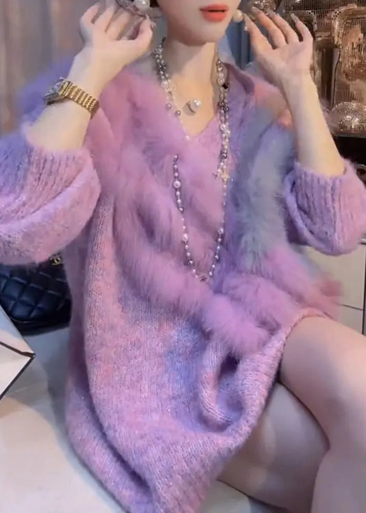 Purple V Neck Patchwork Thick Cozy Cotton Knit Sweater Winter