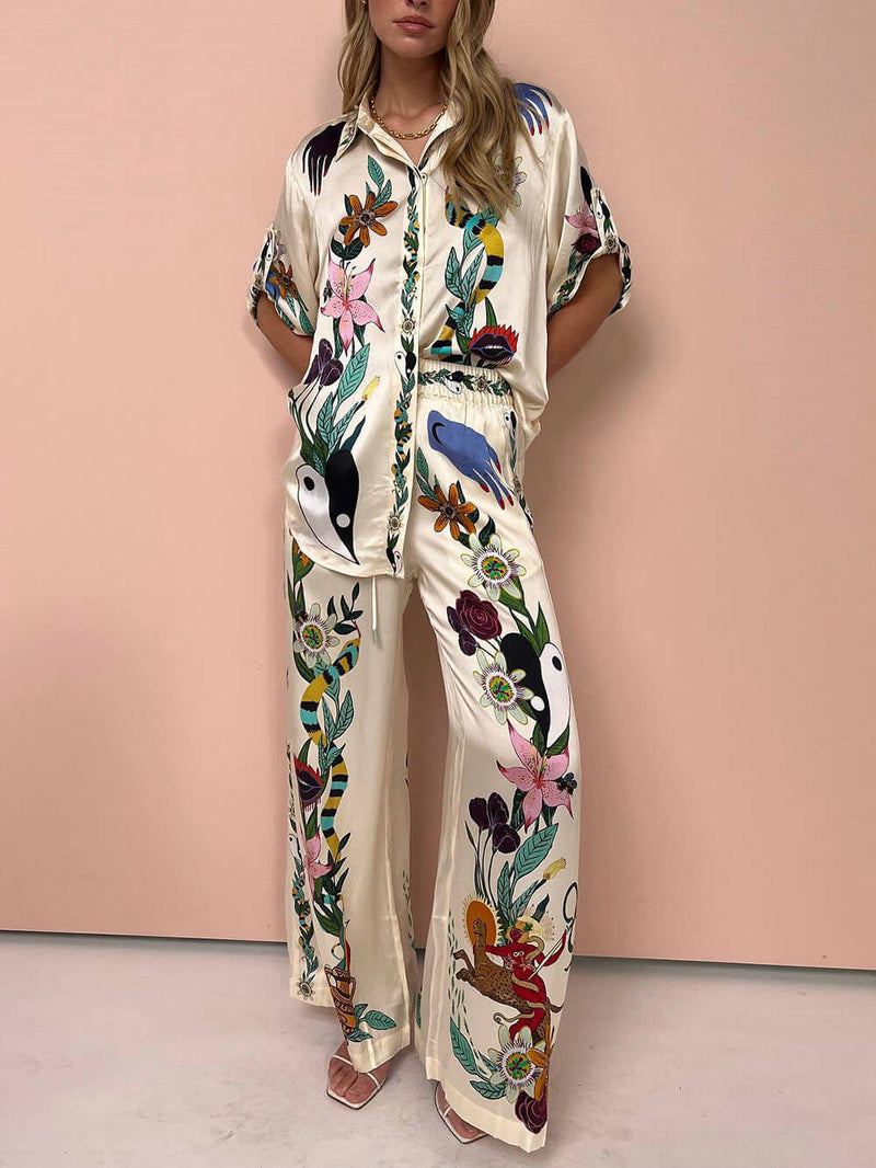 Sophisticated Feel Satin Modern Unique Print Button Down Oversized Blouse