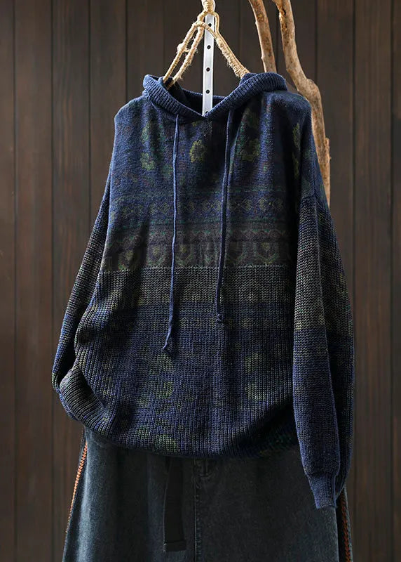 Khaki Hooded Print Cotton Knit Sweater Tops Spring