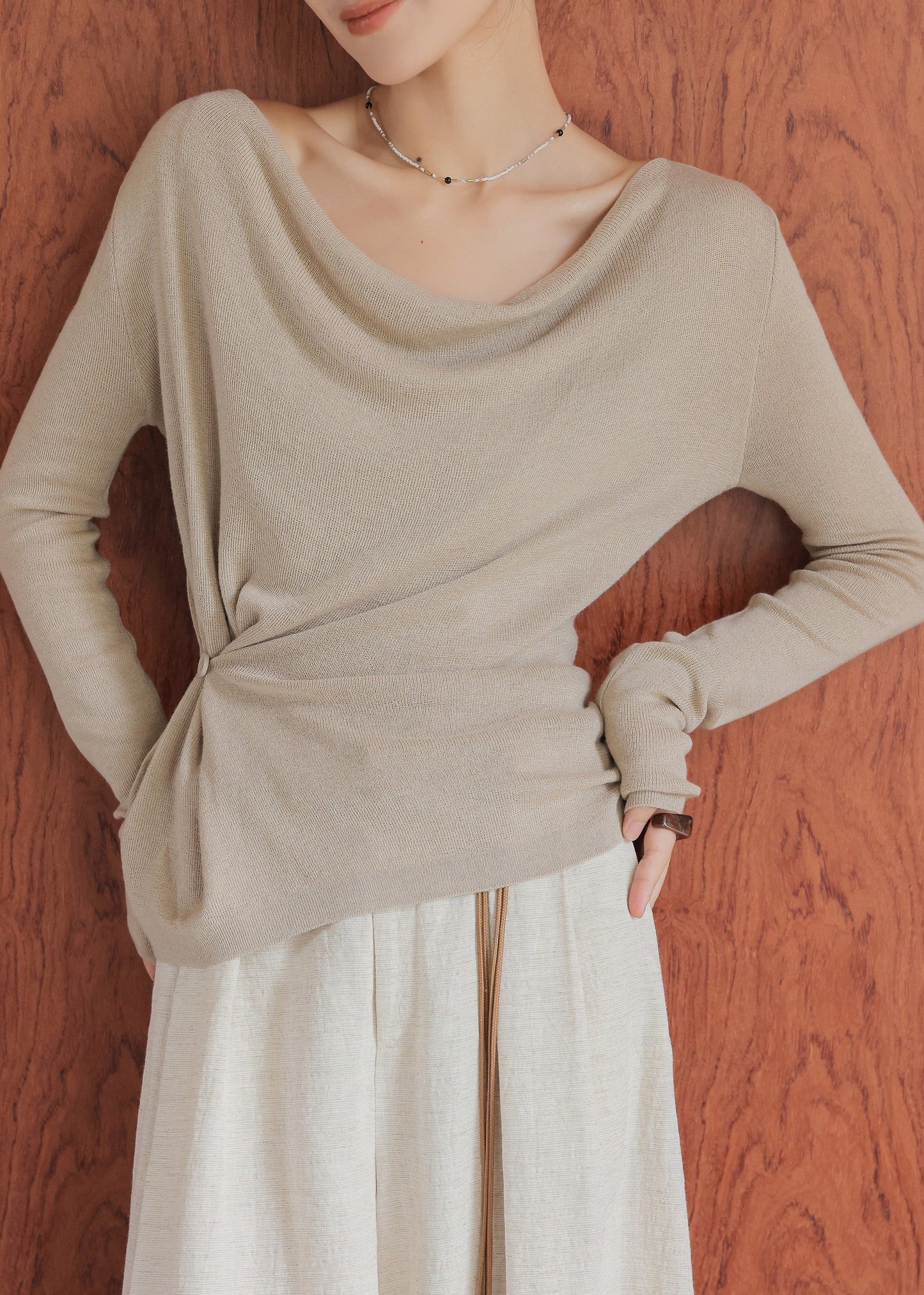 Oat Colored Collar Wool Knitted Top Spring