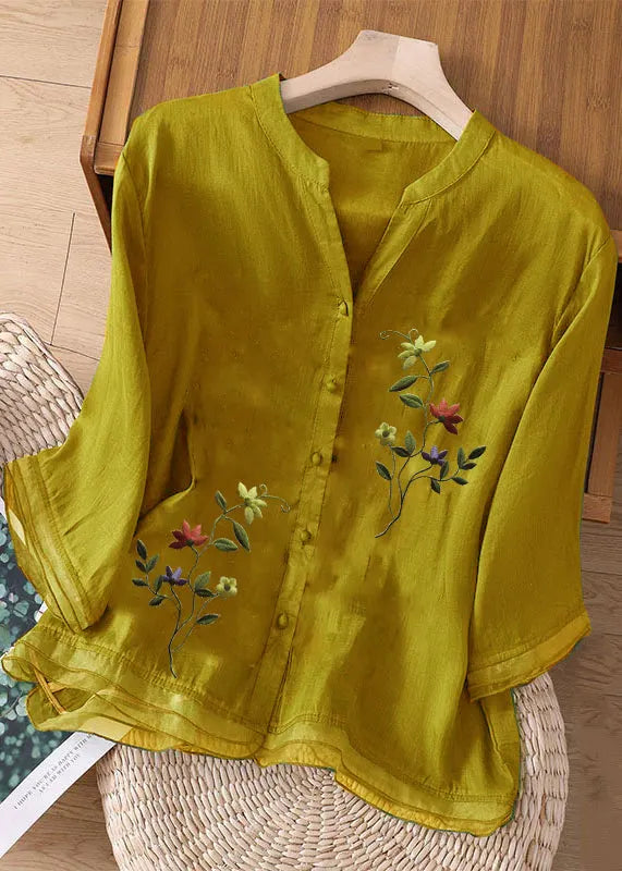 Green Embroideried Button Patchwork Linen Top Bracelet Sleeve