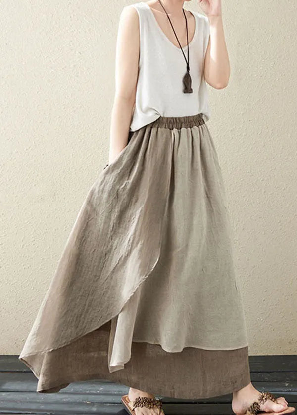 Khaki Pockets Asymmetrical Design Patchwork Linen Skirt
