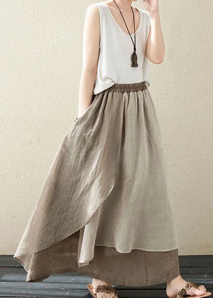 Khaki Pockets Asymmetrical Design Patchwork Linen Skirt