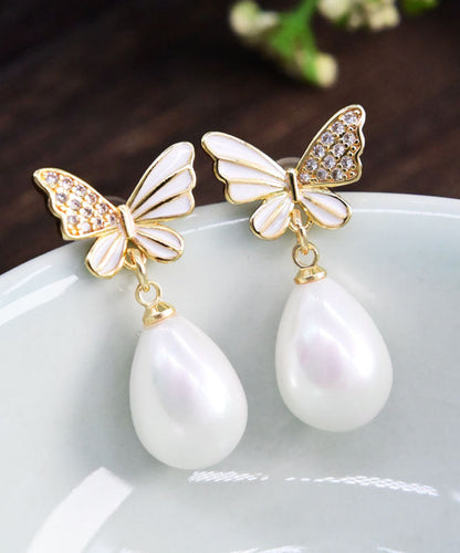 White Sterling Silver Zircon Butterfly Shell Water Drop Drop Earrings