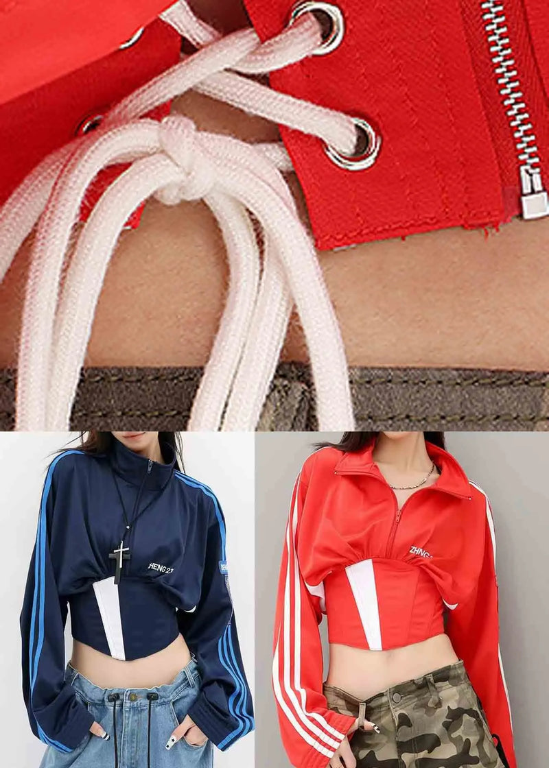 Red Patchwork Spandex Coats Back Cross Strap Fall