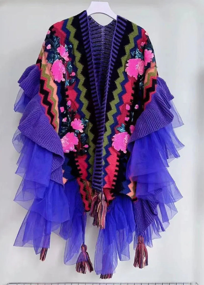Purple V Neck Tulle Patchwork Embroideried Knit Cape Long Sleeve