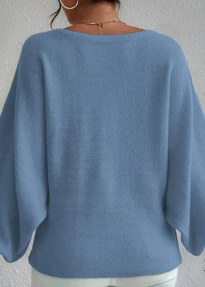 Blue Slash Neck Knit Sweaters Lantern Sleeve