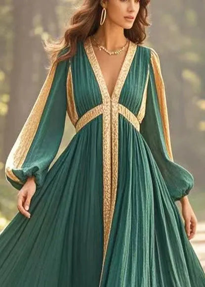 Blackish Green V Neck Patchwork Exra Large Hem Cotton Vestidos Dress Spring