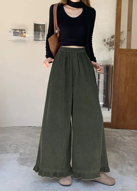 Apricot Ruffled Patchwork Elastic Waist Corduroy Pants Fall