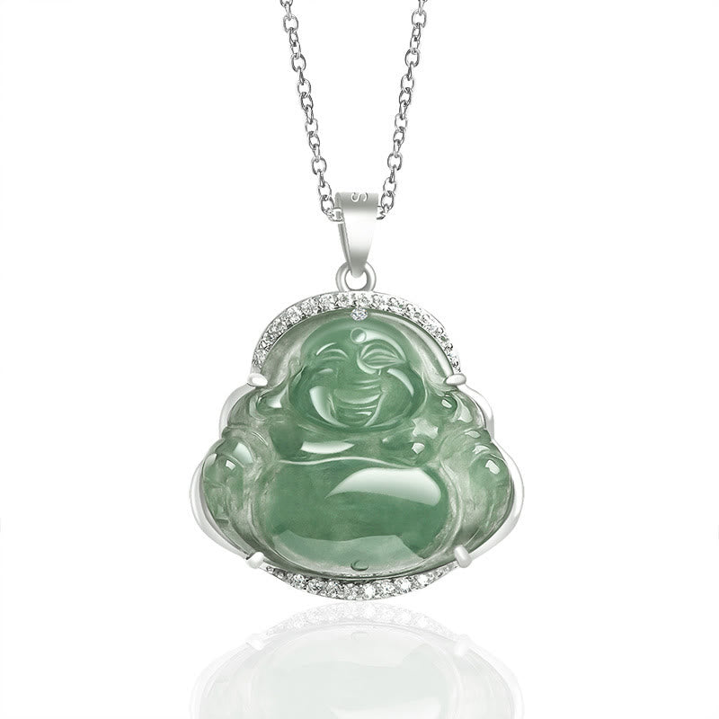 Buddha Stones Laughing Buddha Natural Jade Luck Prosperity Necklace Titanium Steel Chain Pendant