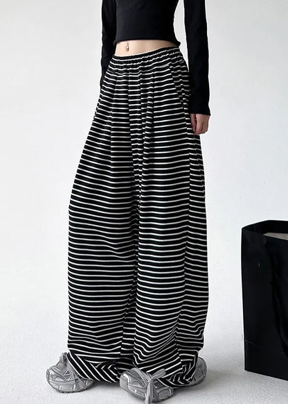 Black White Striped Elastic Waist Wide Leg Pants Spring