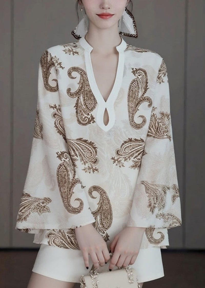 Original Design Beige V Neck Print Shirt Fall