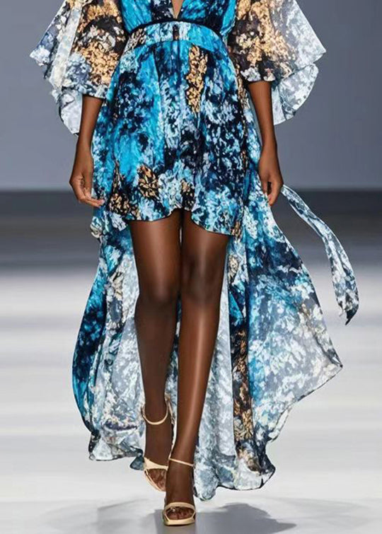 Blue Print Low High Design Chiffon Robe Dresses Summer