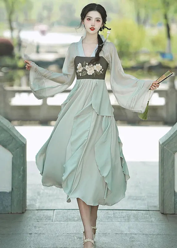 Green Embroideried Ruffled Cardigans and Spaghetti Strap Dress Chiffon Two Pieces Set Fall