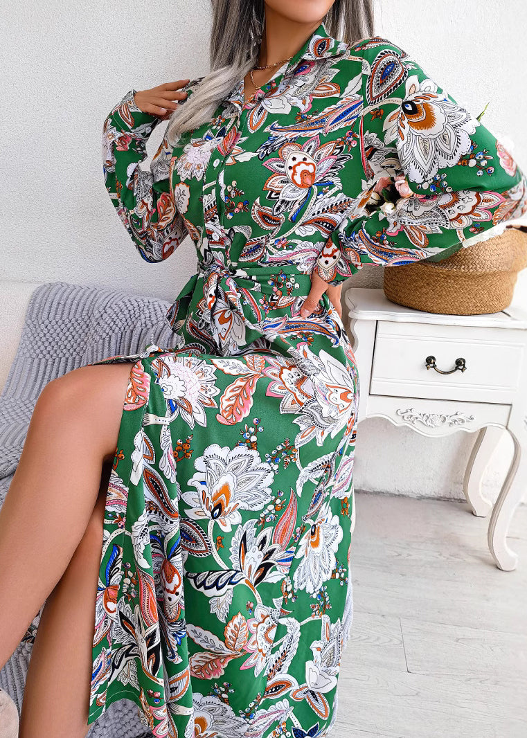 Royal Blue Peter Pan Collar Print Chiffon Shirts Dress Spring